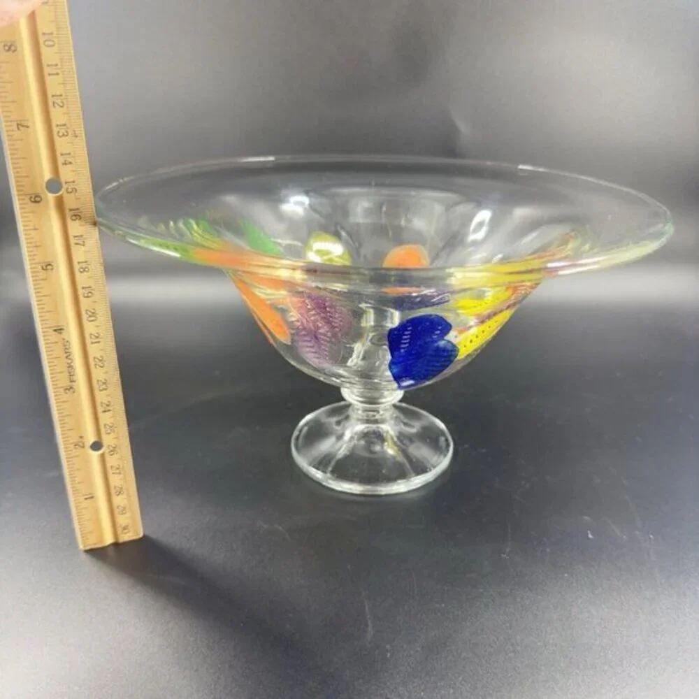 Dansk Burchetta Millefiori Leaf Design‎ Art Glass Crystal Pedestal Bowl Dish VTG